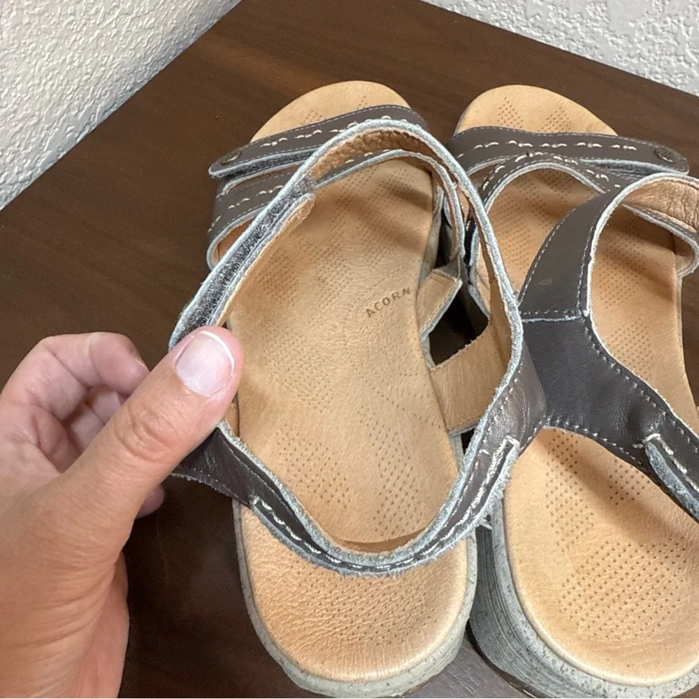 Acorn‎ Sandals Womens 9 Ankle Strap Gray Slip On Hook And Loop Open Toe Comfort